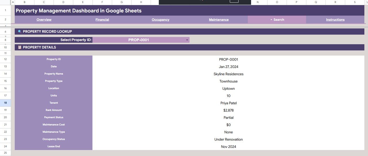 Property Management Dashboard - Search Sheet