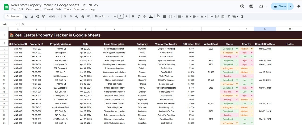 Real Estate Property Tracker - Maintenance Log Page