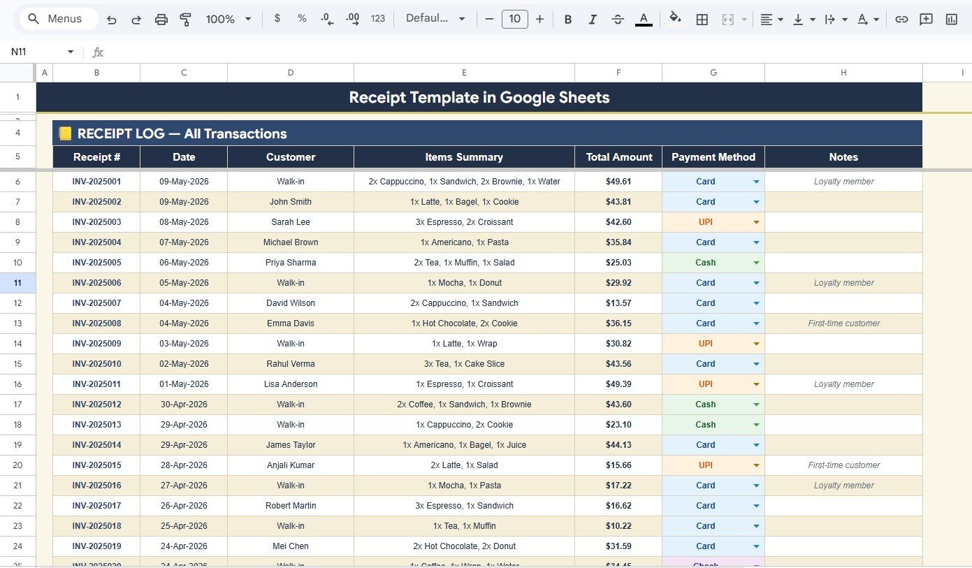 Receipt Template in Google Sheets - Receipt Log