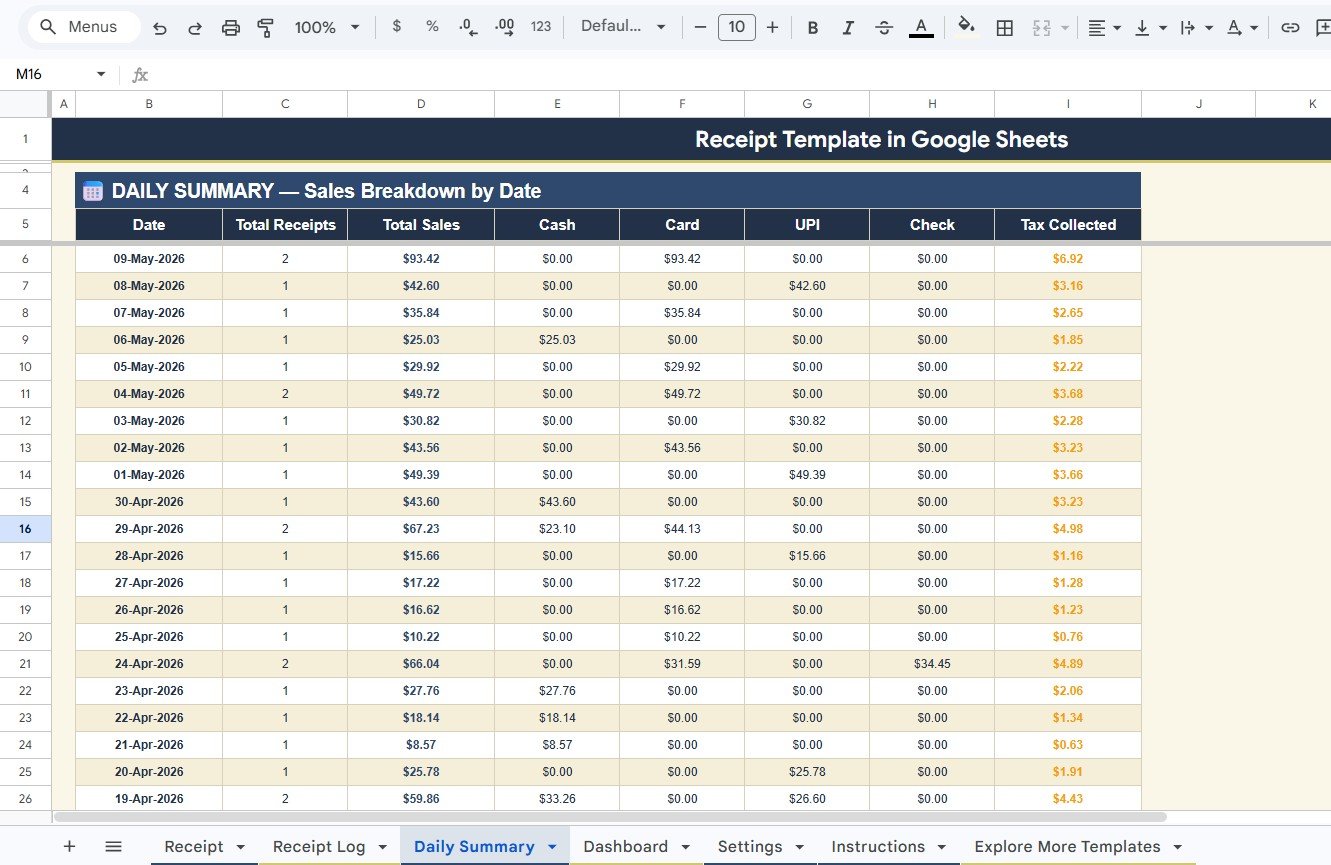 Receipt Template in Google Sheets - Daily Summary