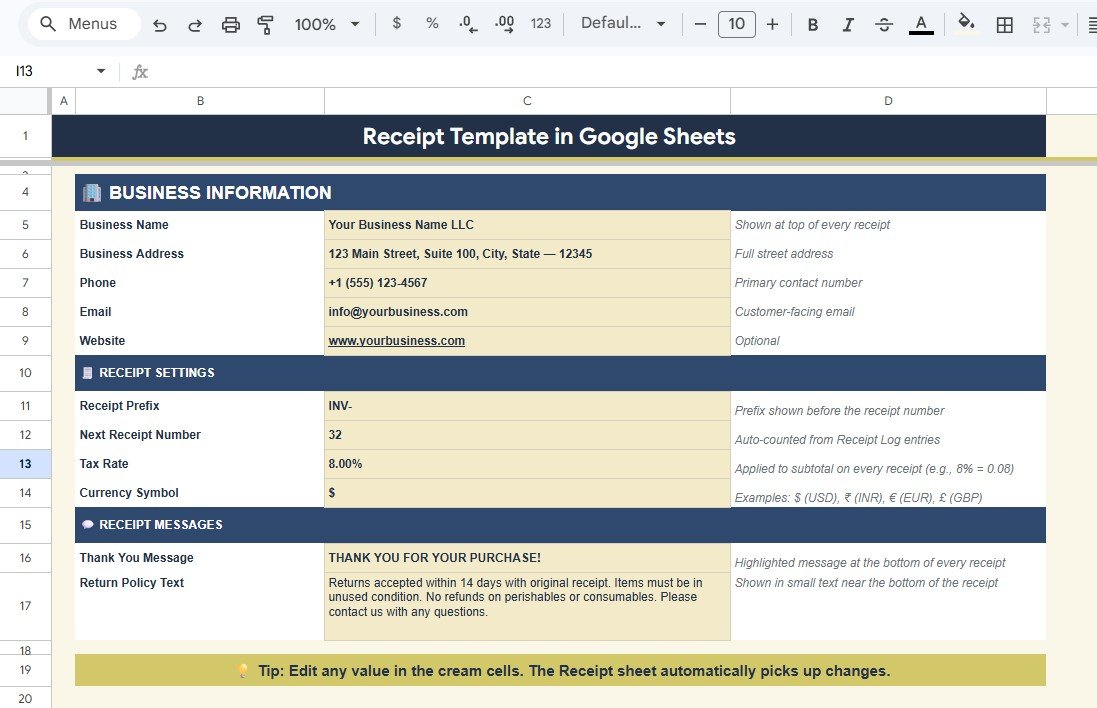 Receipt Template in Google Sheets - Settings