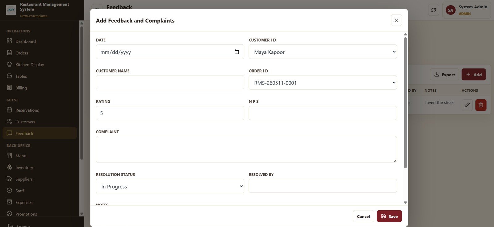 Restaurant Management System Web App Template - Feedback and Complaints