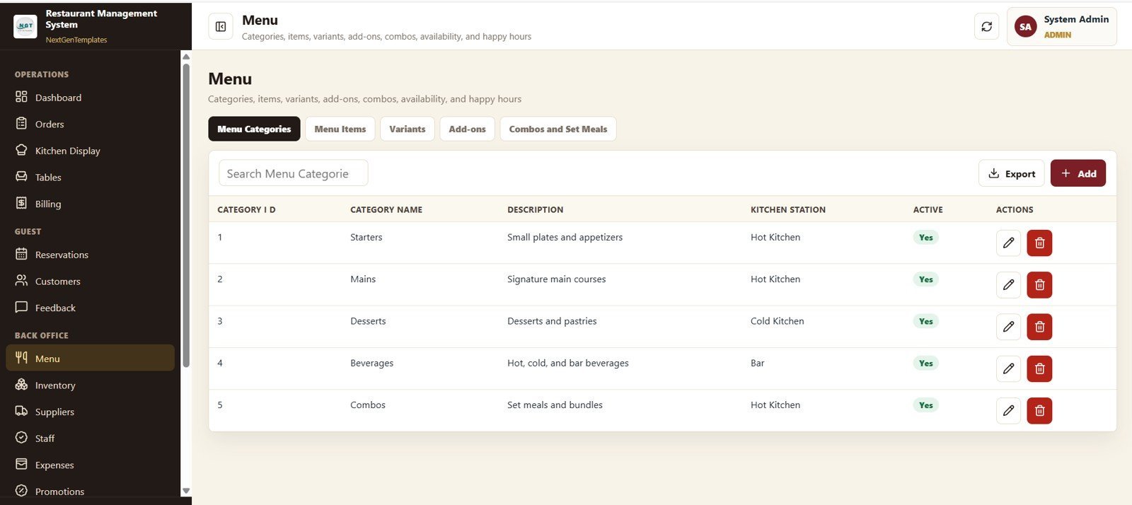 Restaurant Management System Web App Template - Menu Management