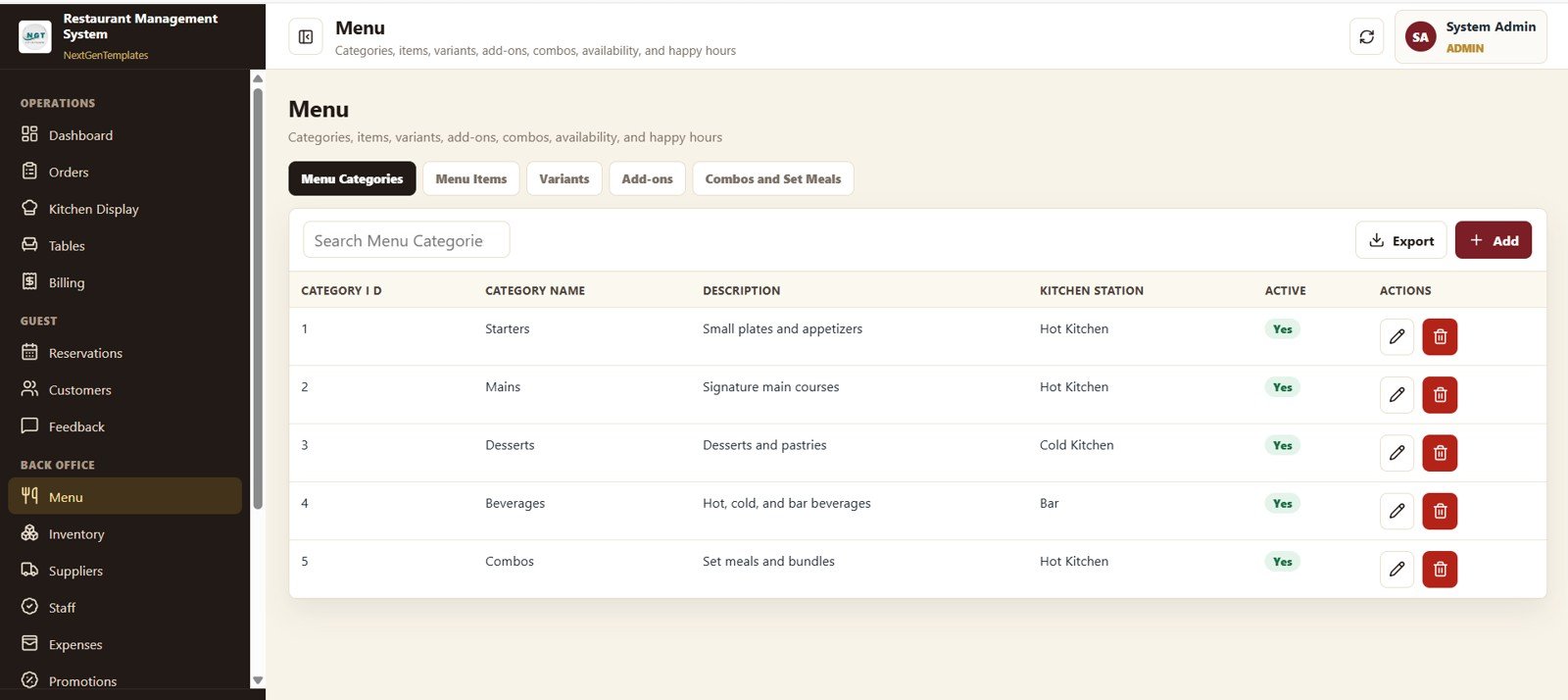 Restaurant Management System Web App Template - Menu Management