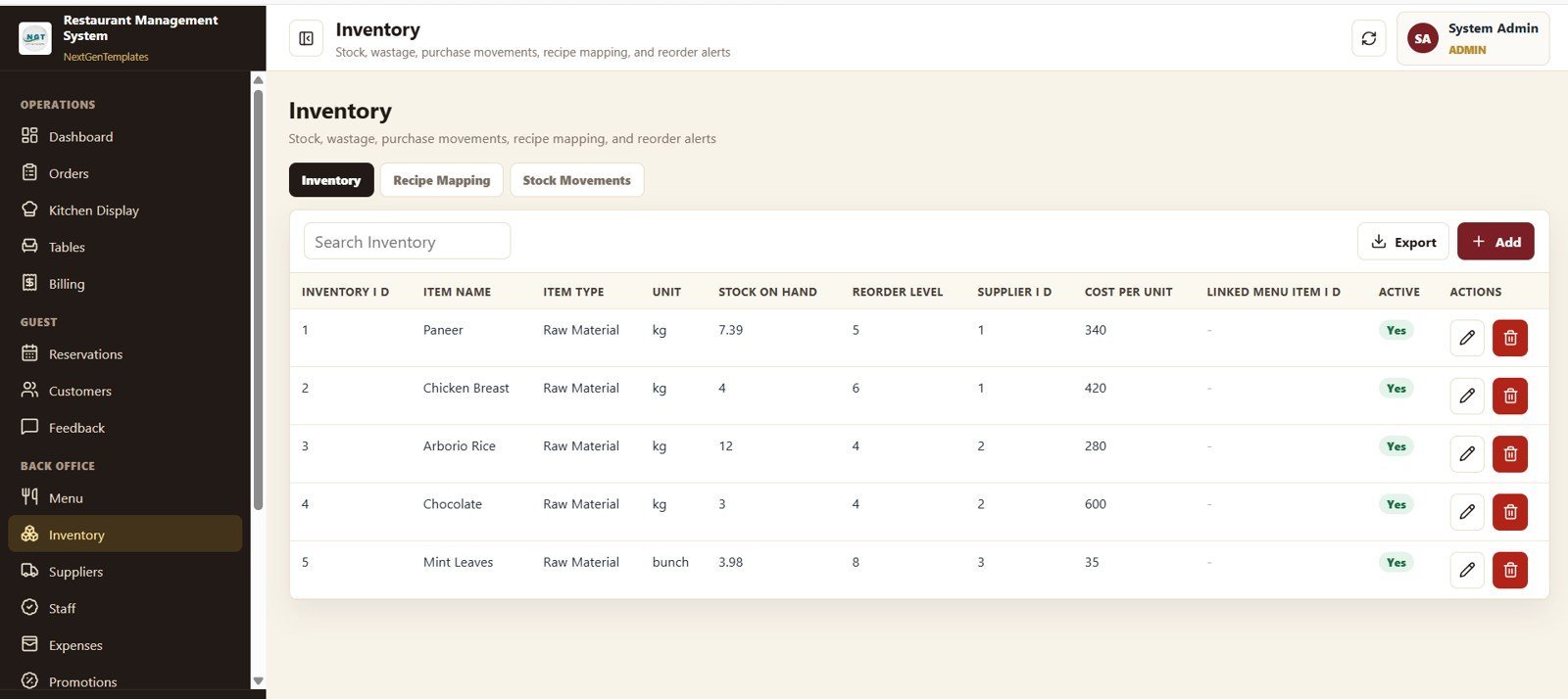 Restaurant Management System Web App Template - Inventory