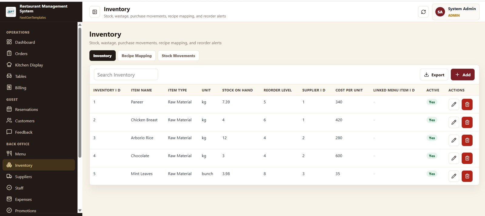 Restaurant Management System Web App Template - Inventory