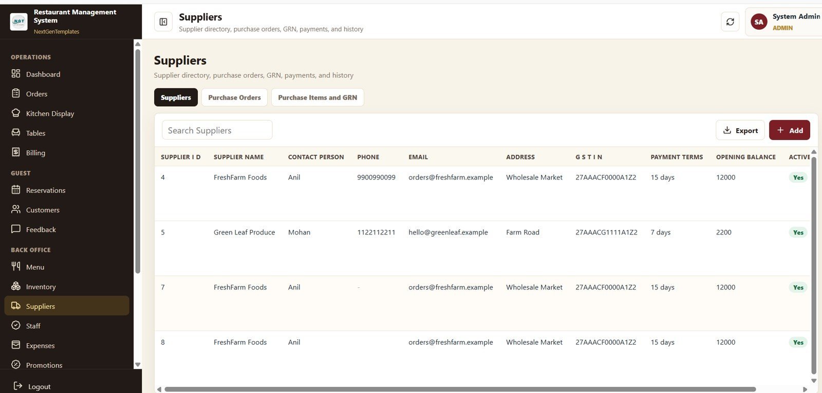 Restaurant Management System Web App Template - Suppliers