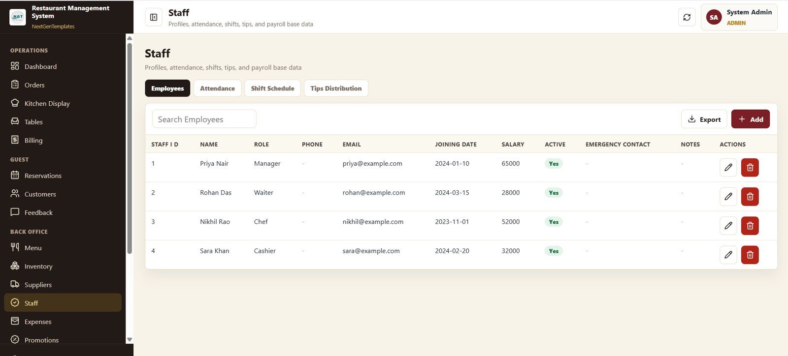 Restaurant Management System Web App Template - Staff