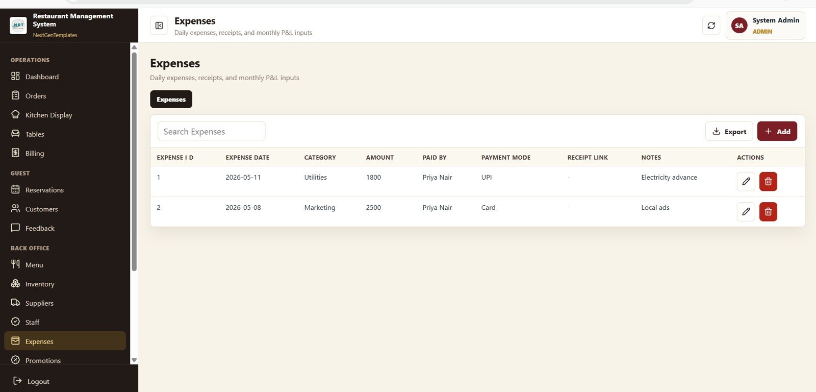 Restaurant Management System Web App Template - Expenses