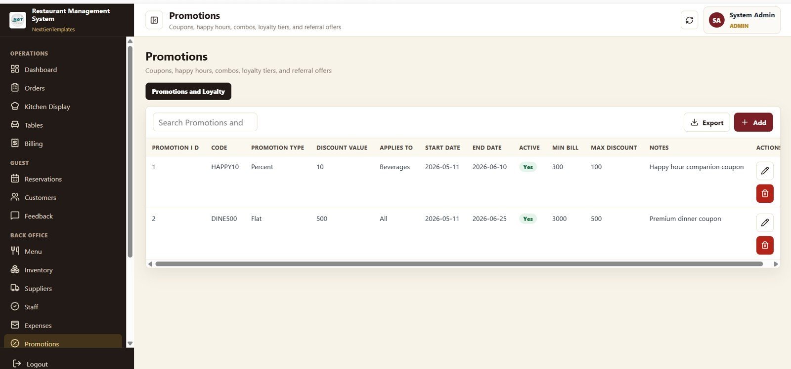 Restaurant Management System Web App Template - Promotions and Loyalty