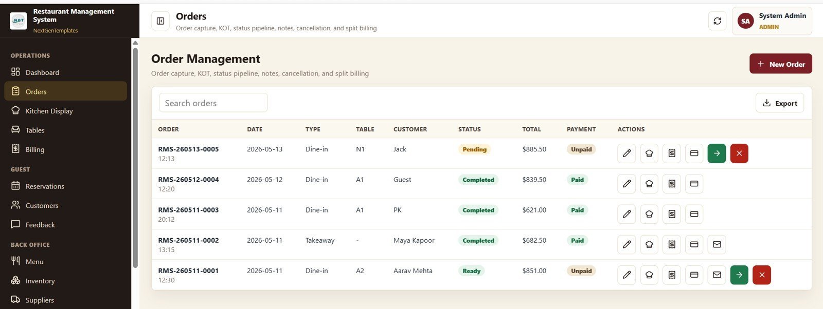 Restaurant Management System Web App Template - Order Management
