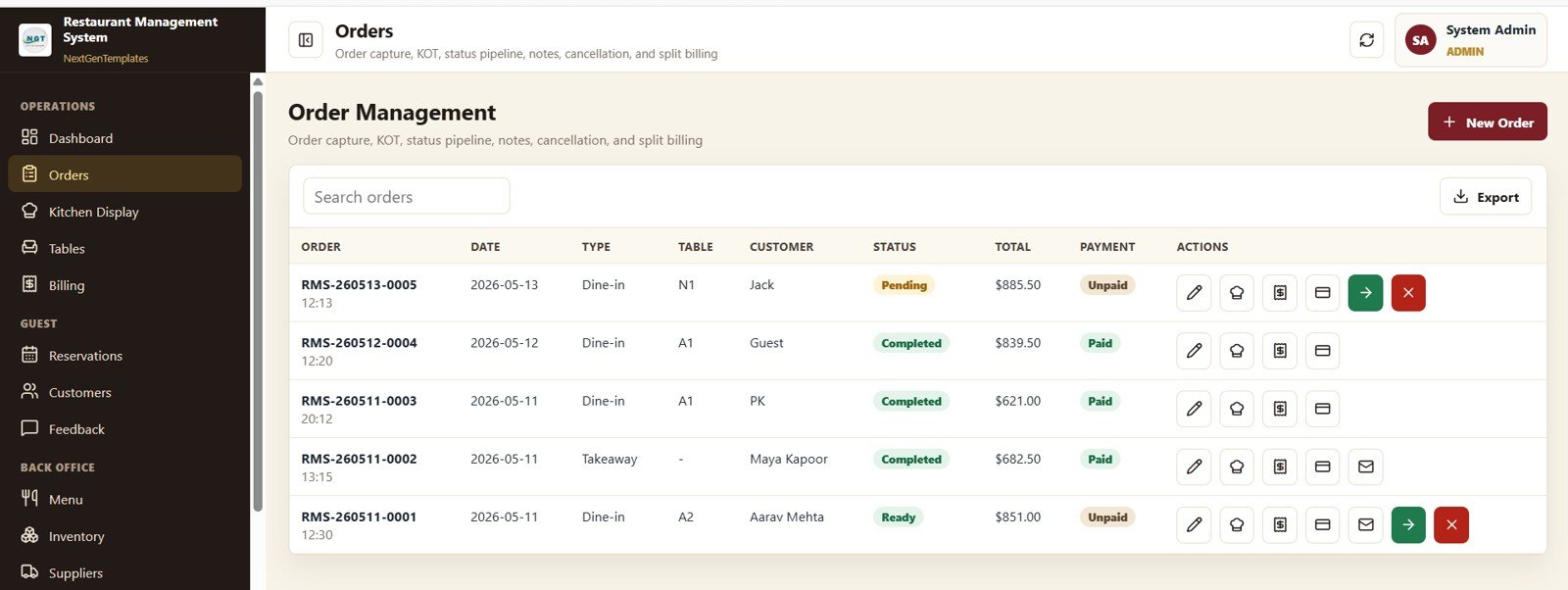 Restaurant Management System Web App Template - Order Management