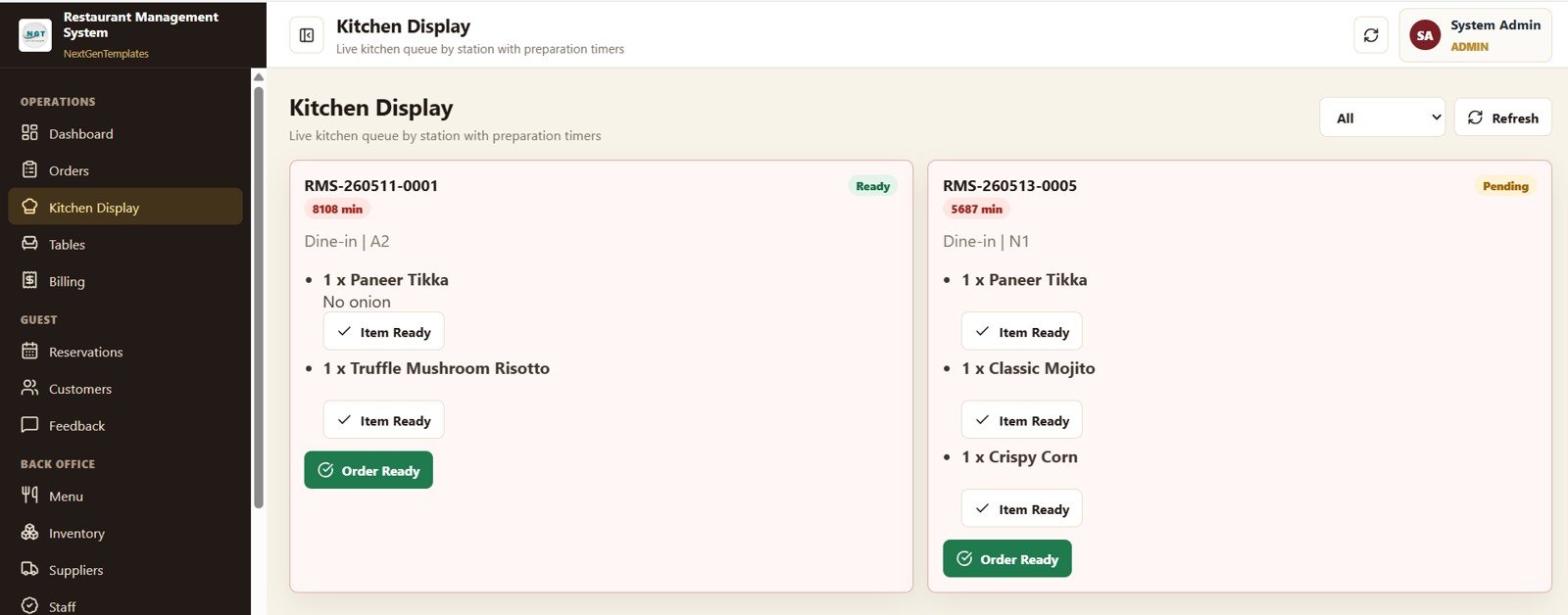 Restaurant Management System Web App Template - Kitchen Display