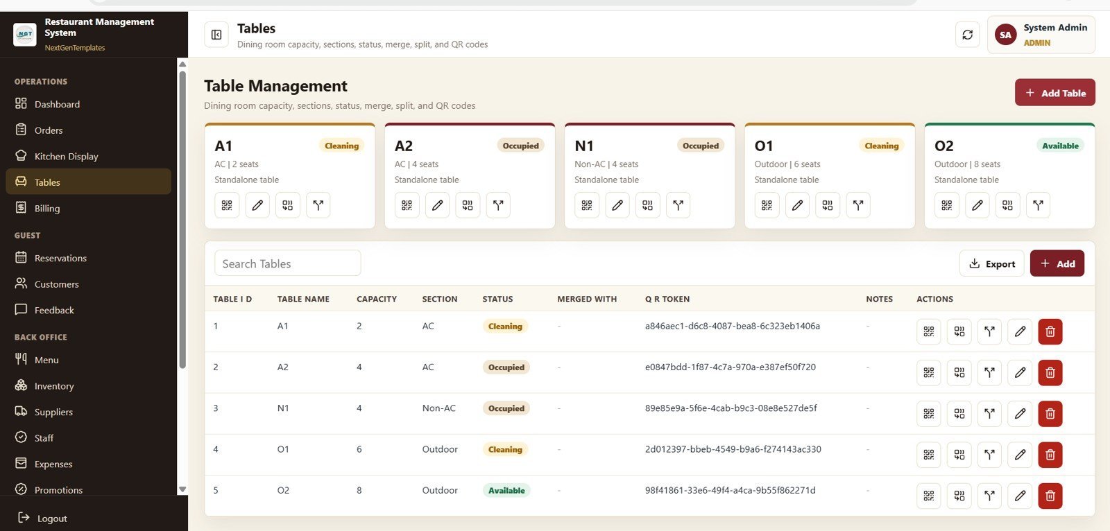 Restaurant Management System Web App Template - Table Management
