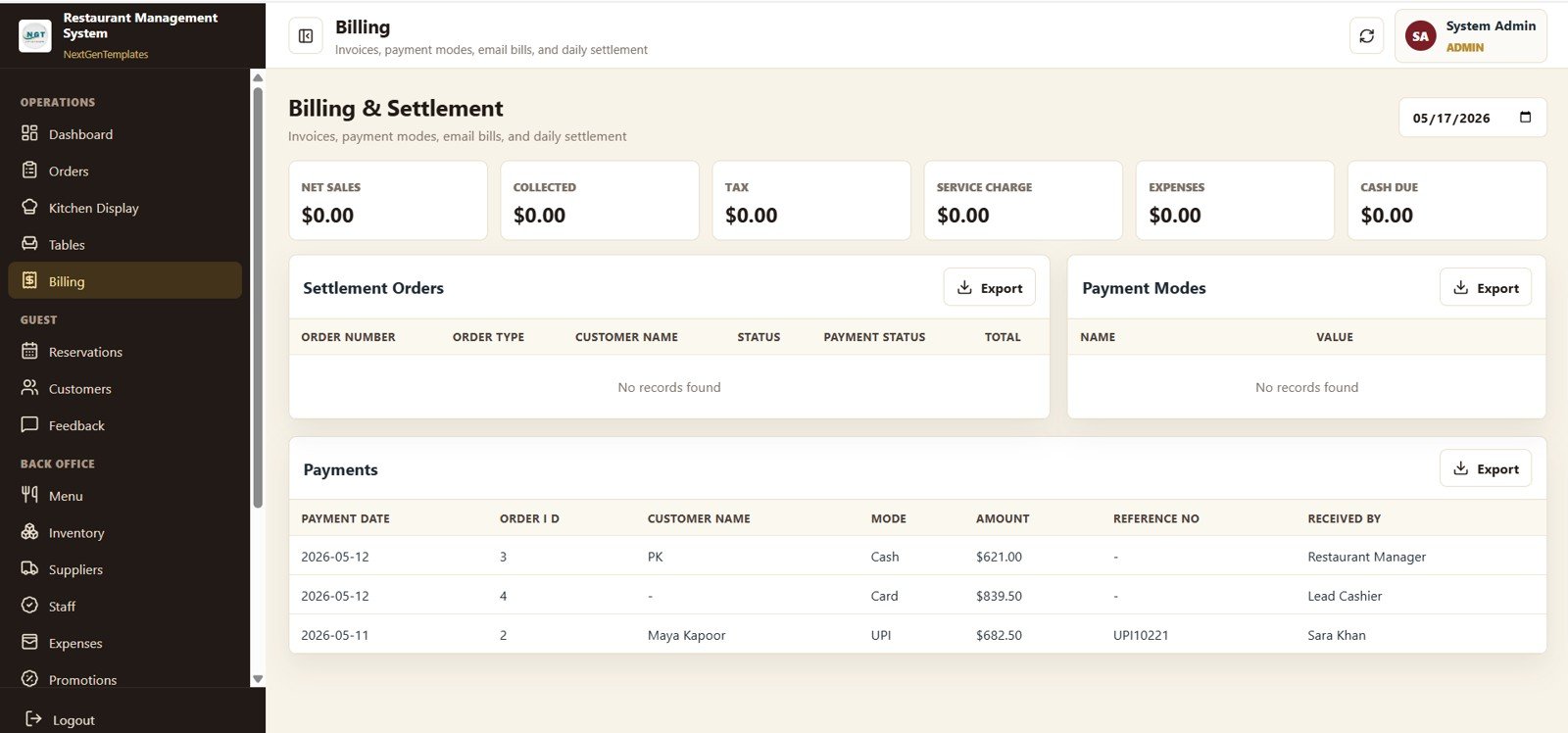 Restaurant Management System Web App Template - Billing and Settlement