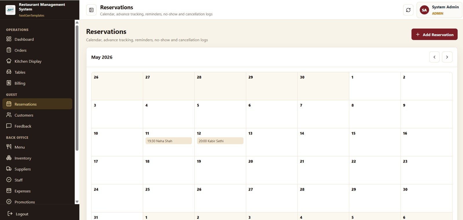 Restaurant Management System Web App Template - Reservations