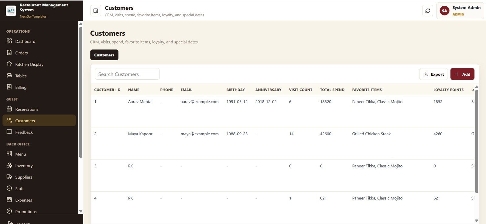 Restaurant Management System Web App Template - Customers