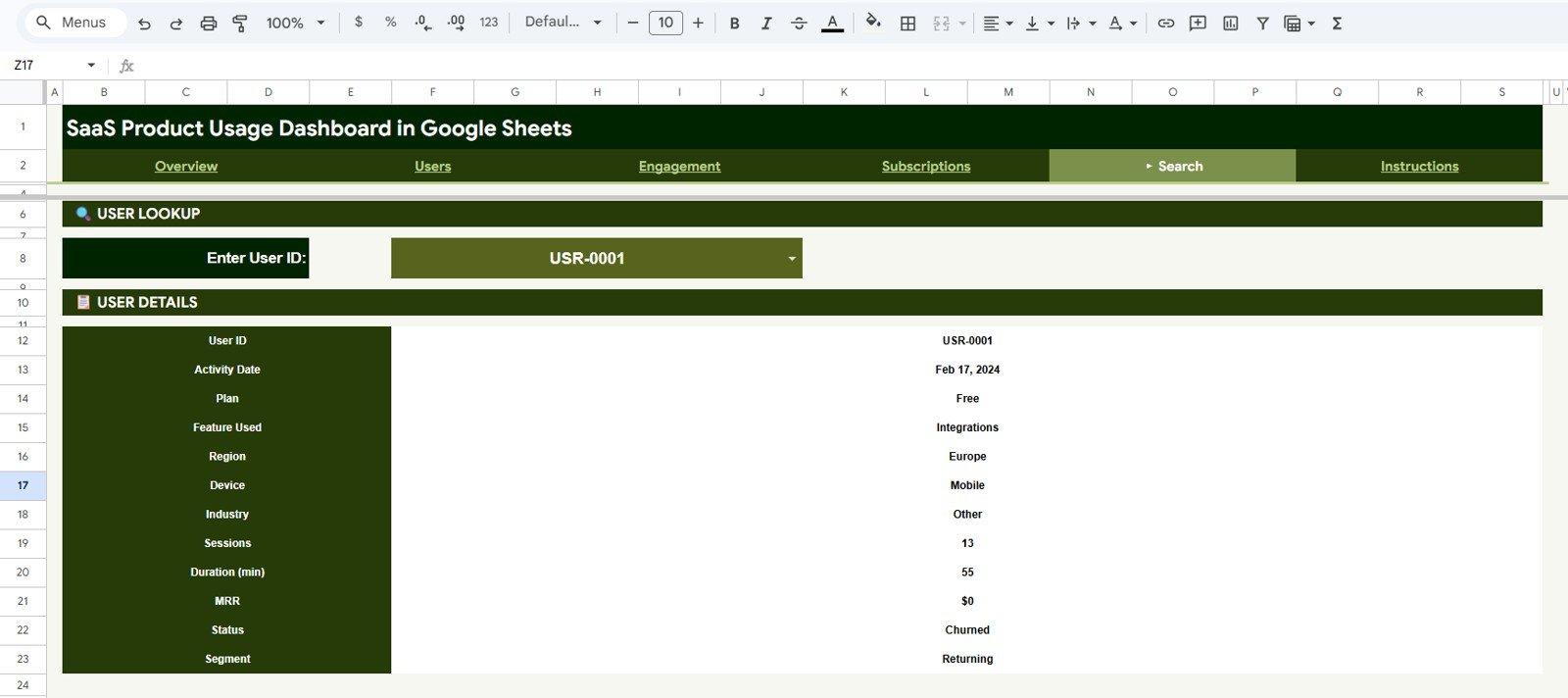 SaaS Product Usage Dashboard in Google Sheets - Search Sheet tab