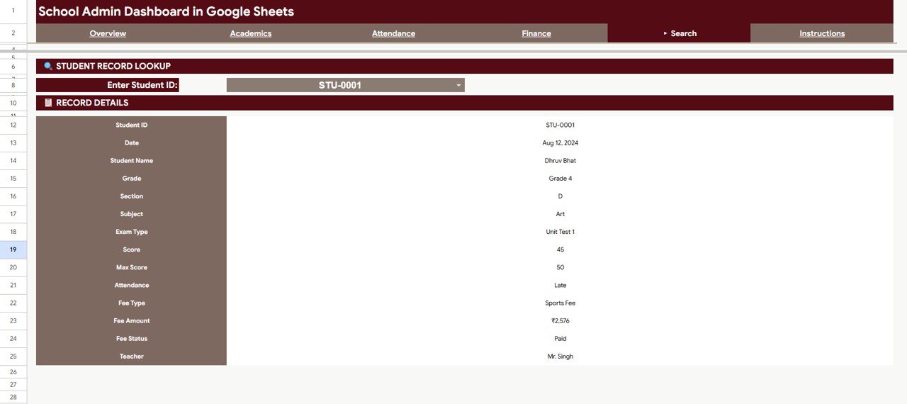 School Admin Dashboard in Google Sheets - Search Sheet