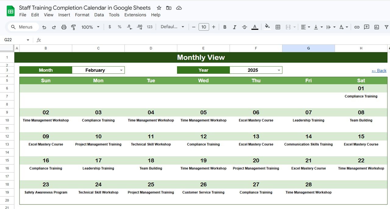 Staff Training Completion Calendar - Monthly View Sheet