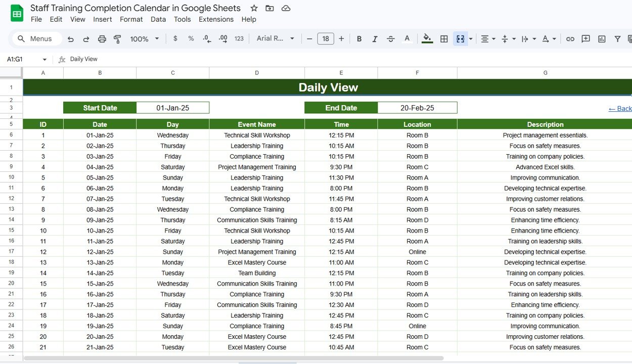 Staff Training Completion Calendar - Daily View Sheet