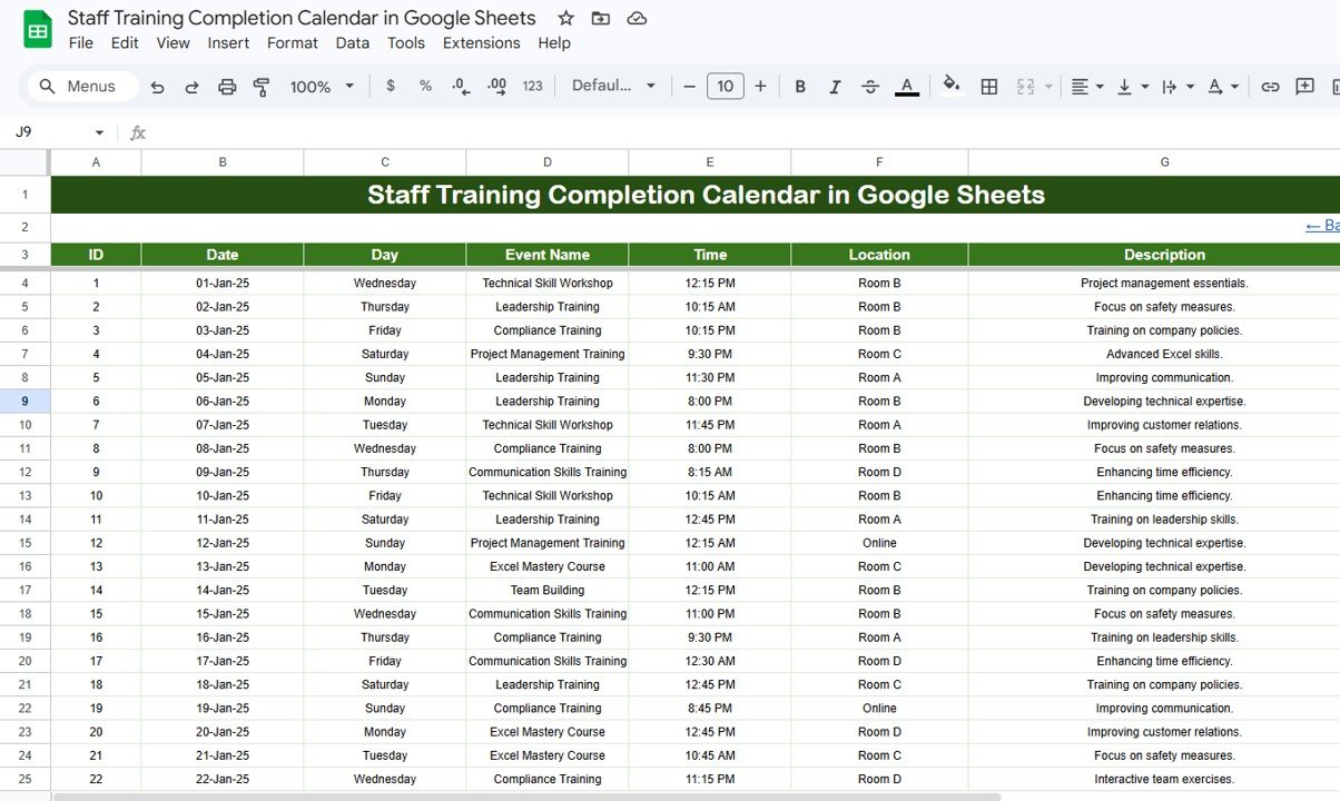 Staff Training Completion Calendar - Events Sheet