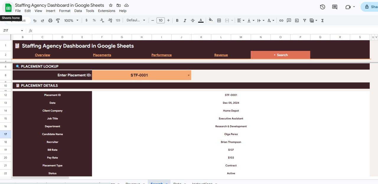 Staffing Agency Dashboard in Google Sheets - Search Sheet