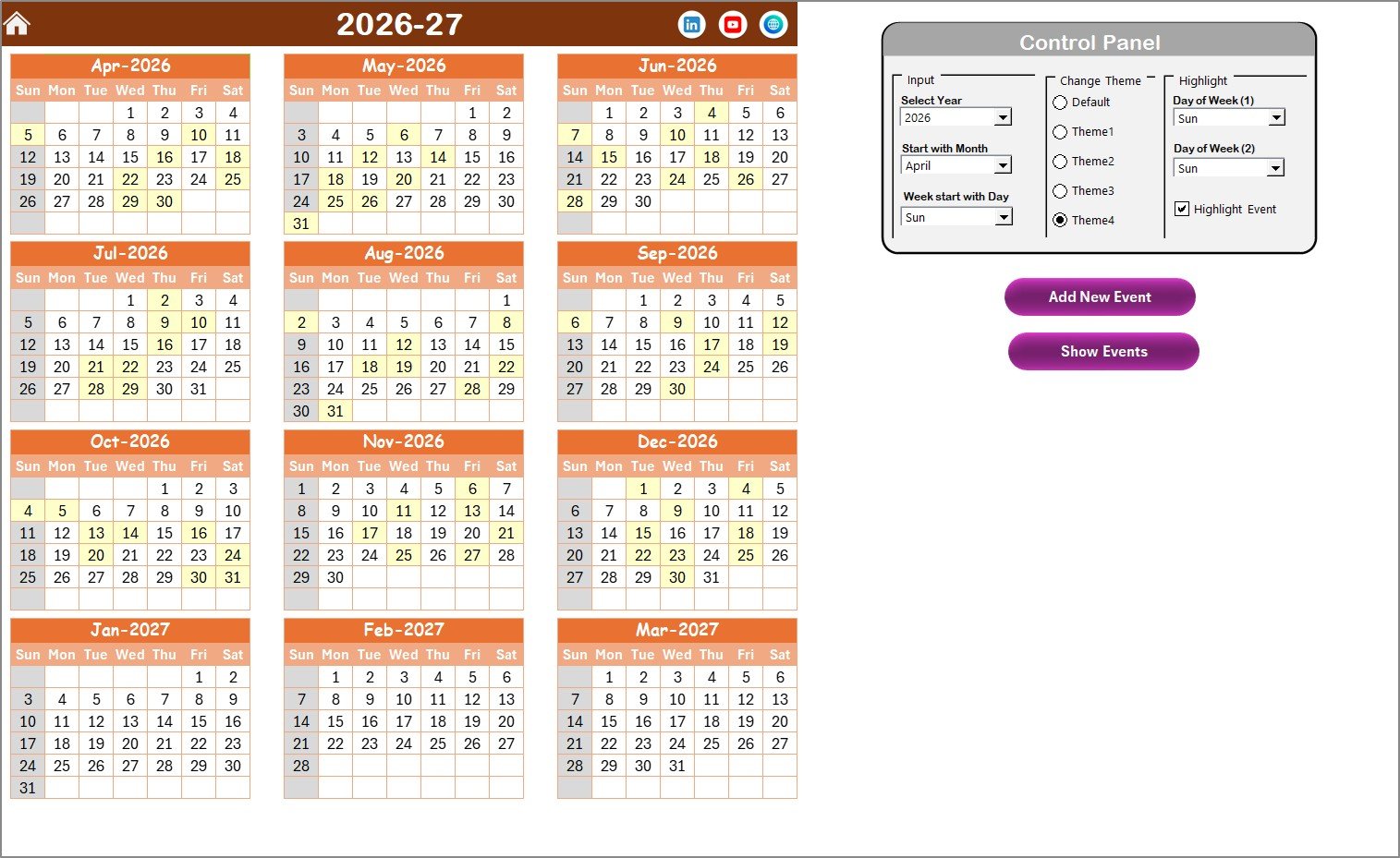 Subscription and SaaS Renewal Calendar in Excel - Annual View