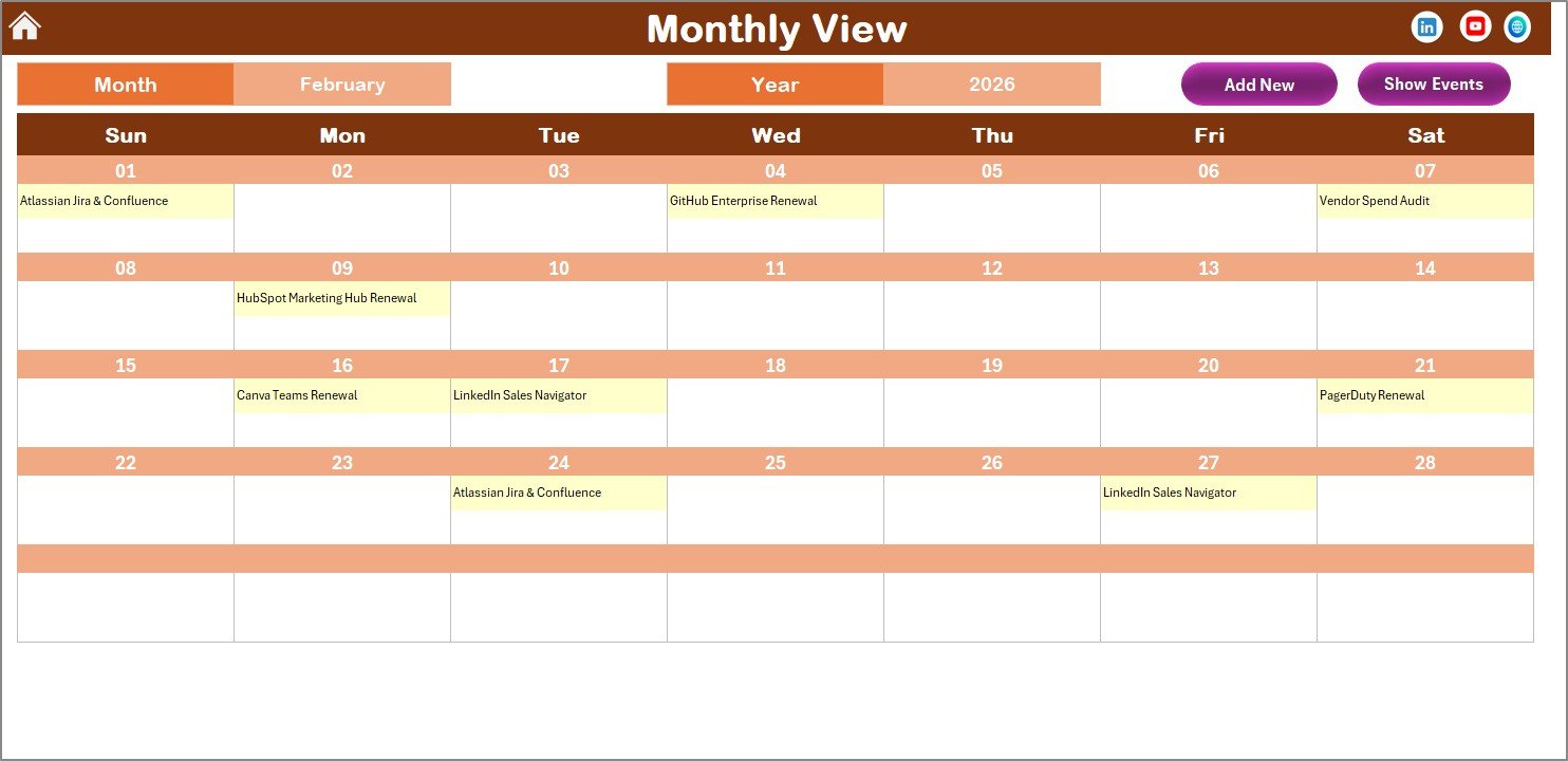 Subscription and SaaS Renewal Calendar in Excel - Monthly View