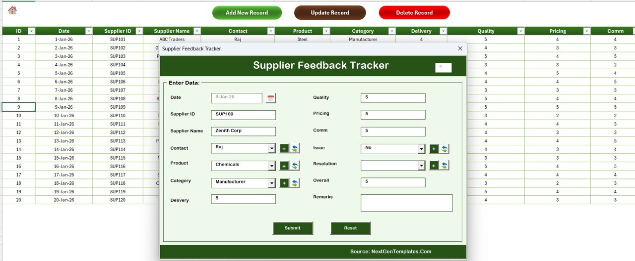 Supplier Feedback Tracker in Excel - Data Sheet with Add Update Delete Buttons