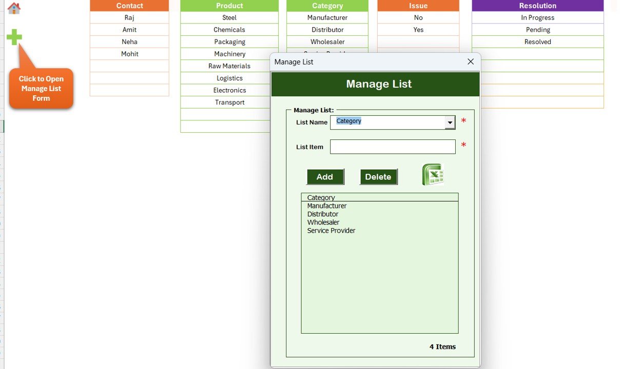 Supplier Feedback Tracker in Excel - List Sheet