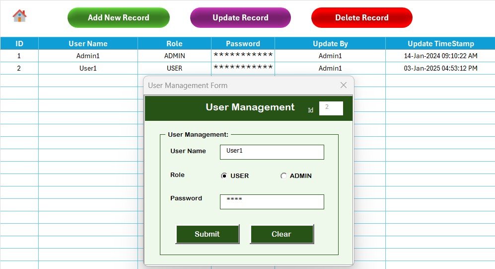 Supplier Feedback Tracker in Excel - User Management Sheet