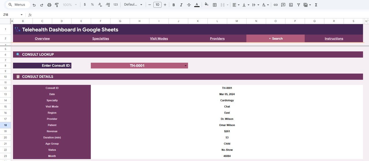 Telehealth Dashboard in Google Sheets - Search Page