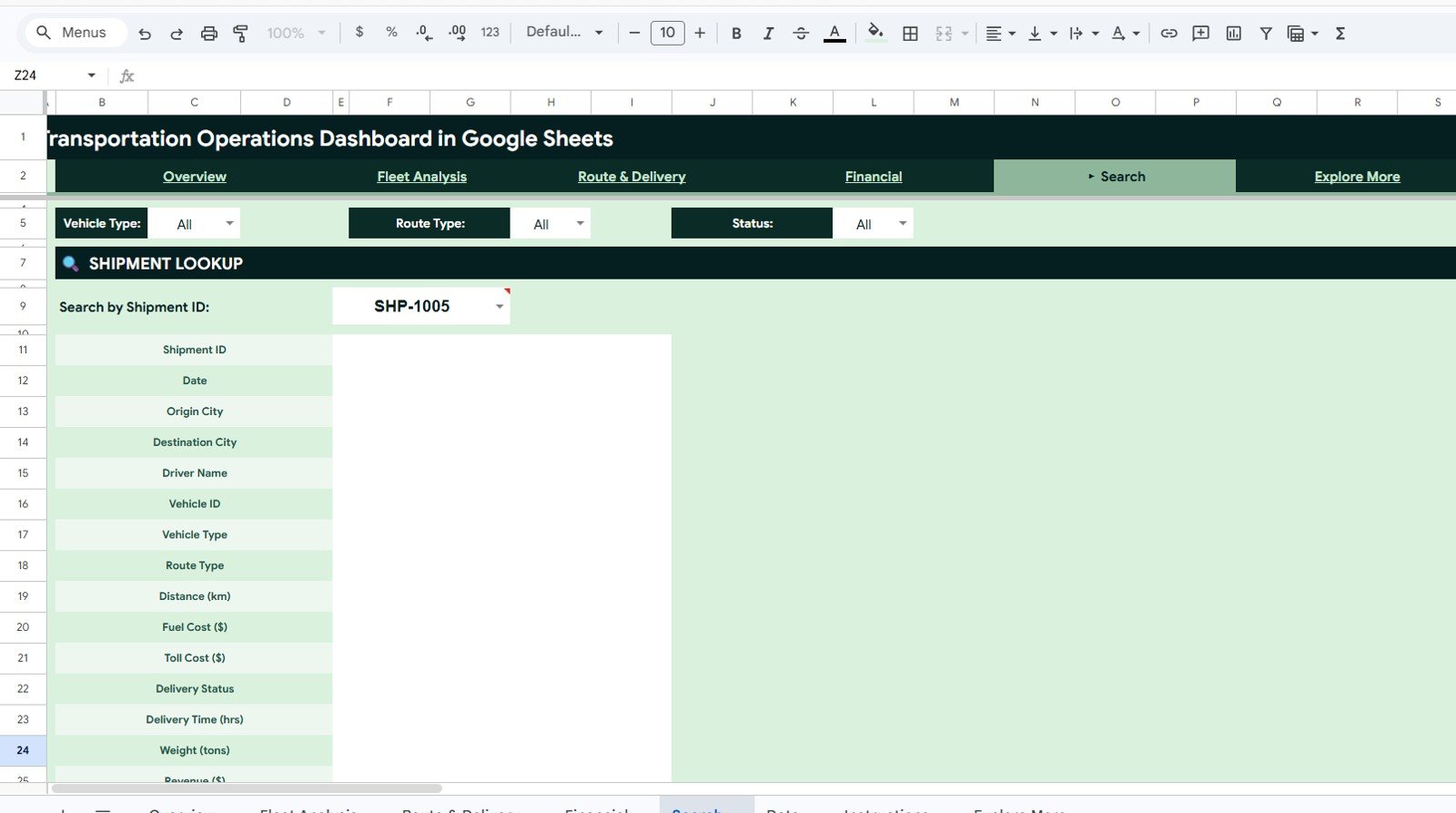 Shipment lookup search sheet in Google Sheets