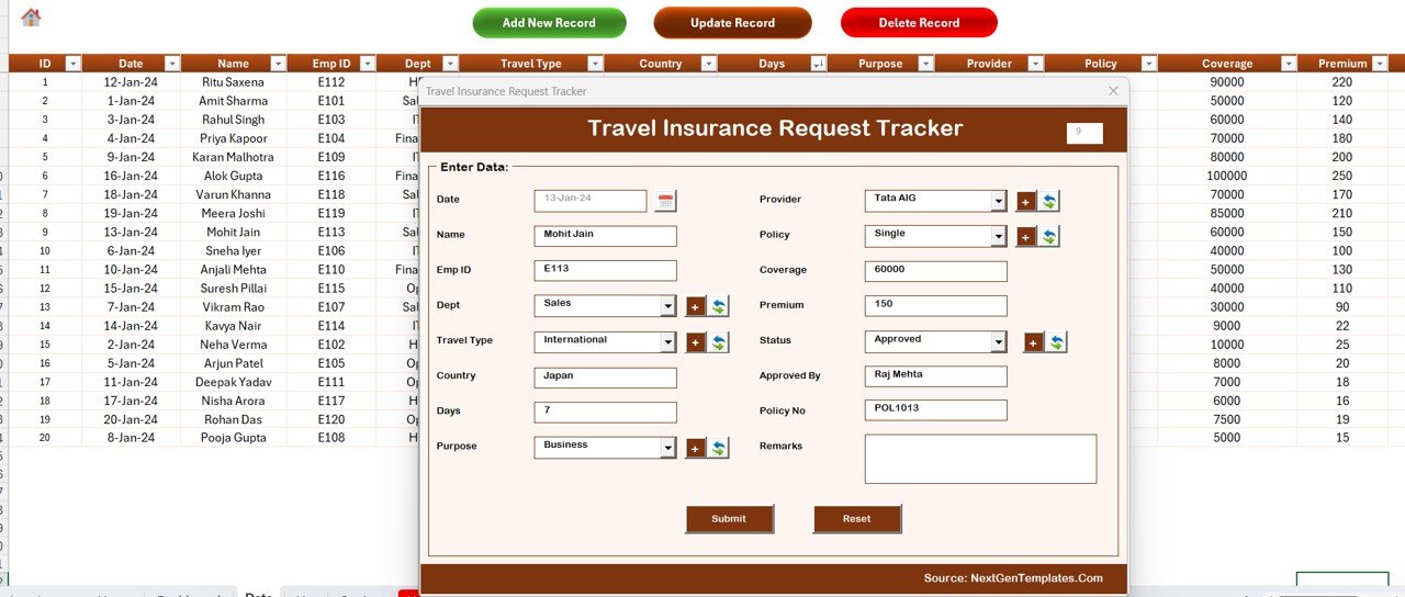 Travel Insurance Request Tracker - Data Sheet