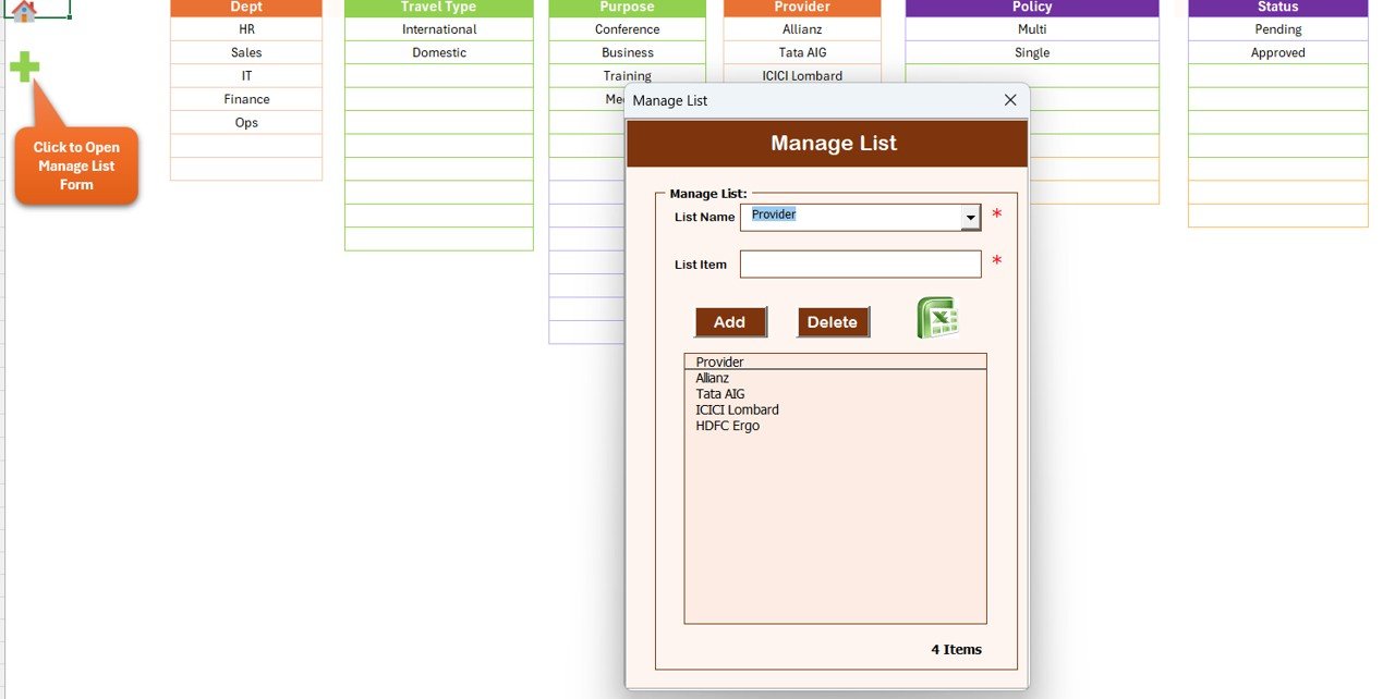Travel Insurance Request Tracker - List Sheet