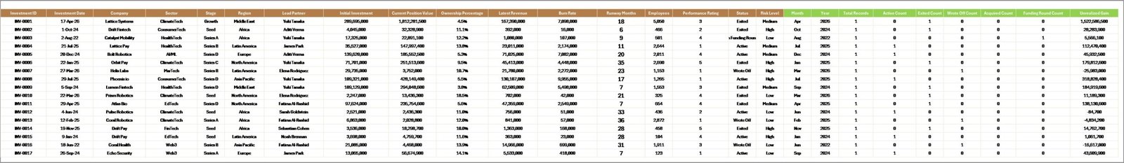 VC Portfolio Dashboard in Excel — Data Sheet tab with portfolio company data structure