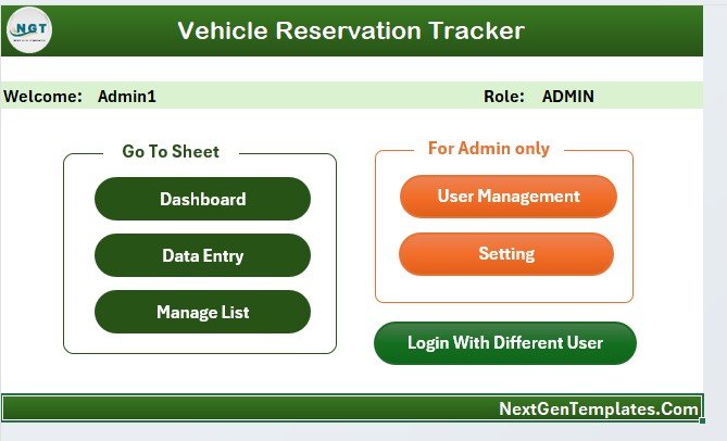 Vehicle Reservation Tracker in Excel - Home Page