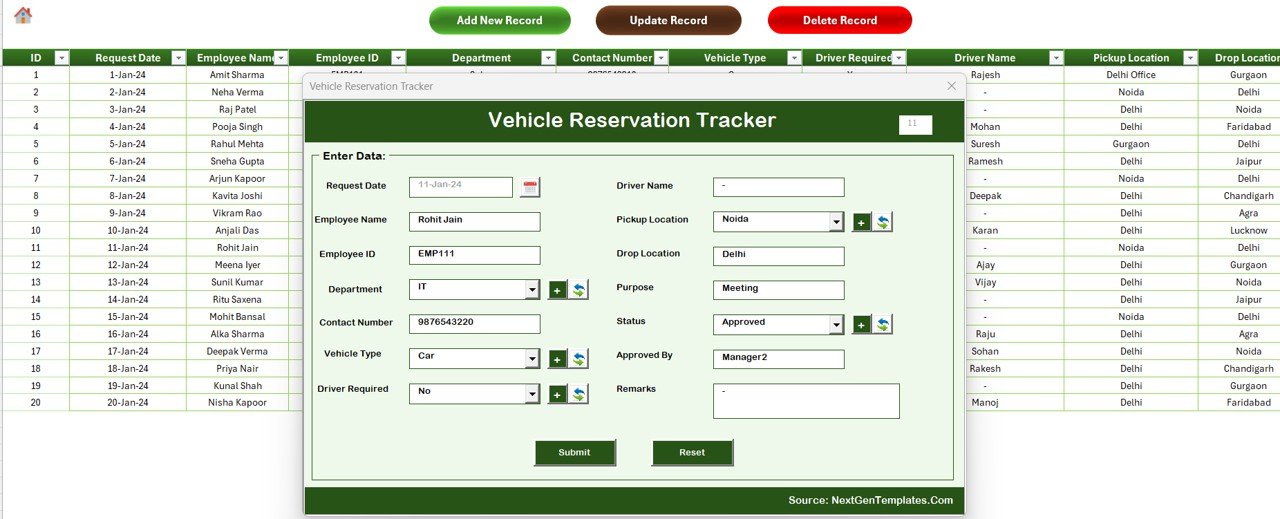 Vehicle Reservation Tracker in Excel - Data Sheet with VBA buttons