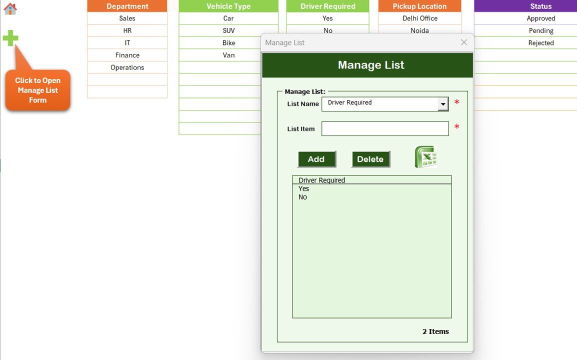 Vehicle Reservation Tracker in Excel - List Sheet