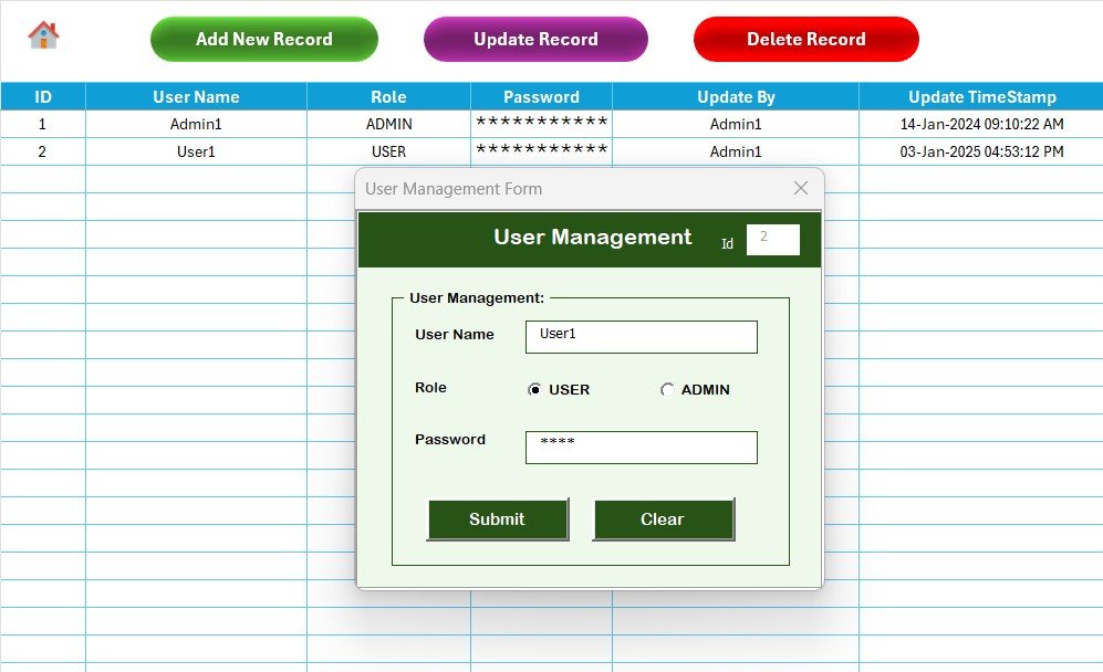 Vehicle Reservation Tracker in Excel - User Management Sheet