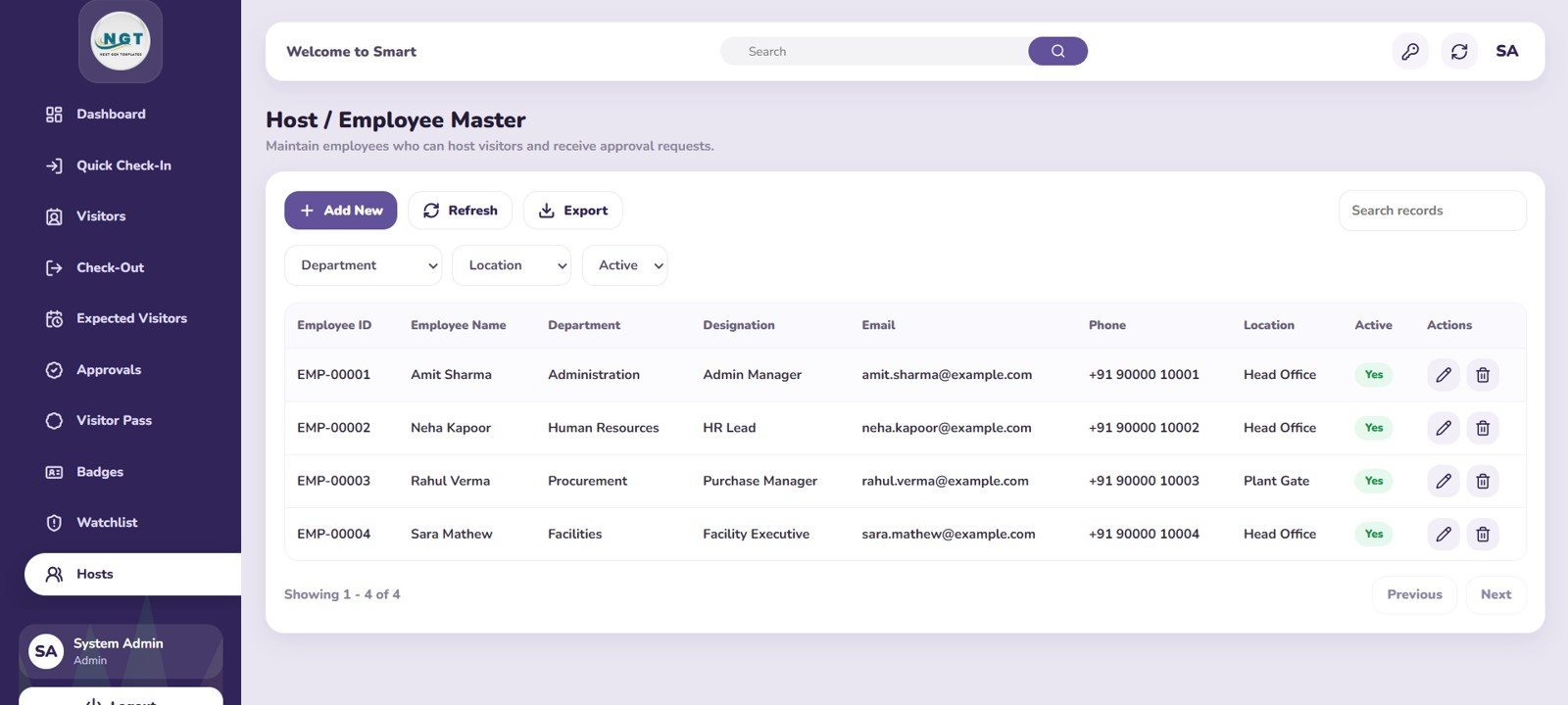 Visitor Entry Management System Host Employee Master page