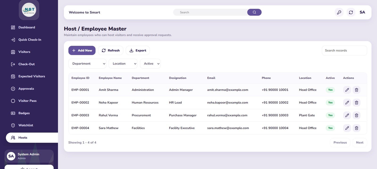 Host Employee Master page in Visitor Entry Management System Web App Template