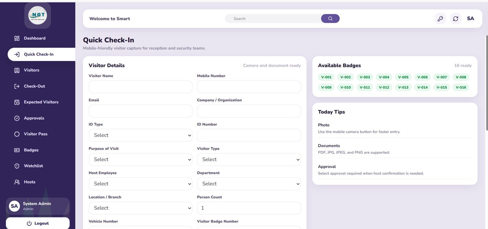Quick Check-In page in Visitor Entry Management System Web App Template