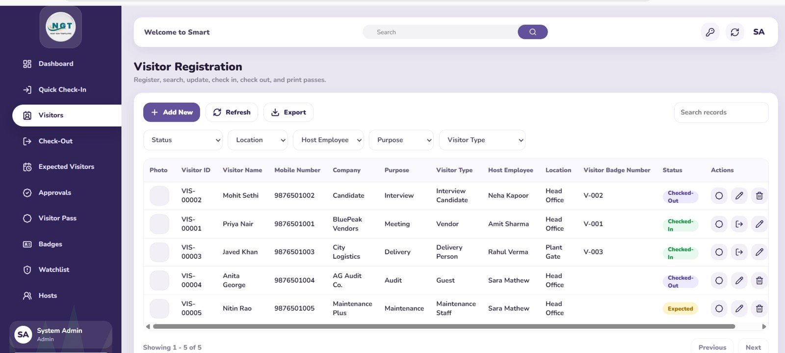 Visitor Registration page in Visitor Entry Management System Web App Template