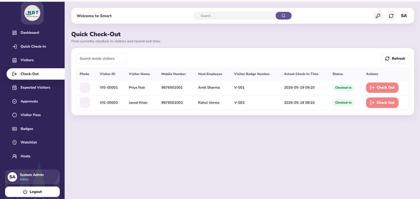 Quick Check-Out page in Visitor Entry Management System Web App Template