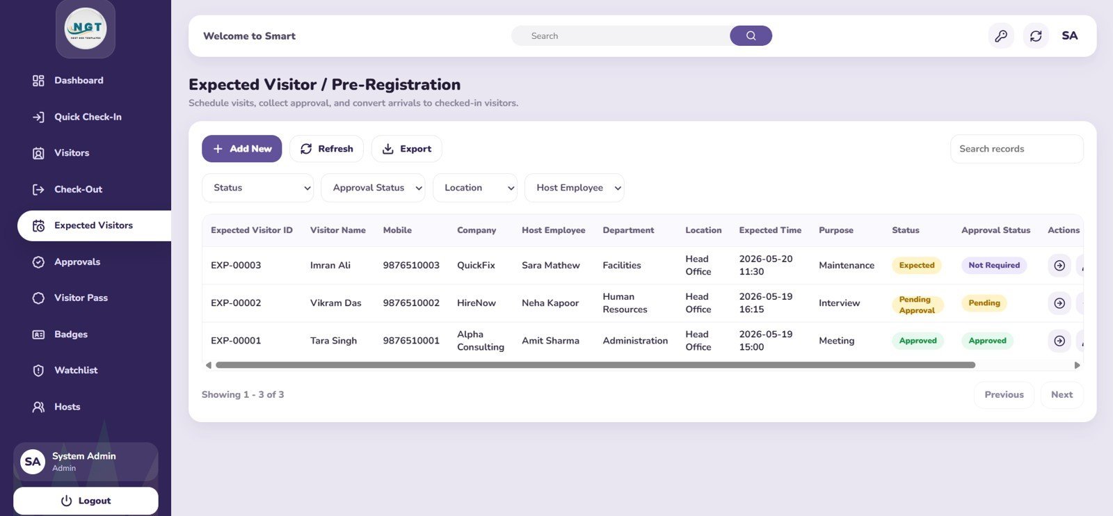 Visitor Entry Management System Expected Visitor and Pre-Registration page