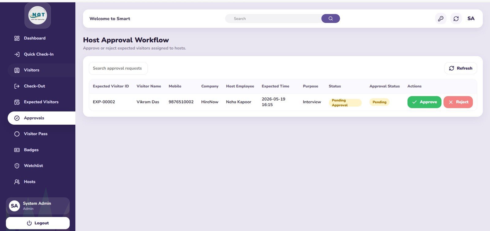 Visitor Entry Management System Host Approval Workflow page