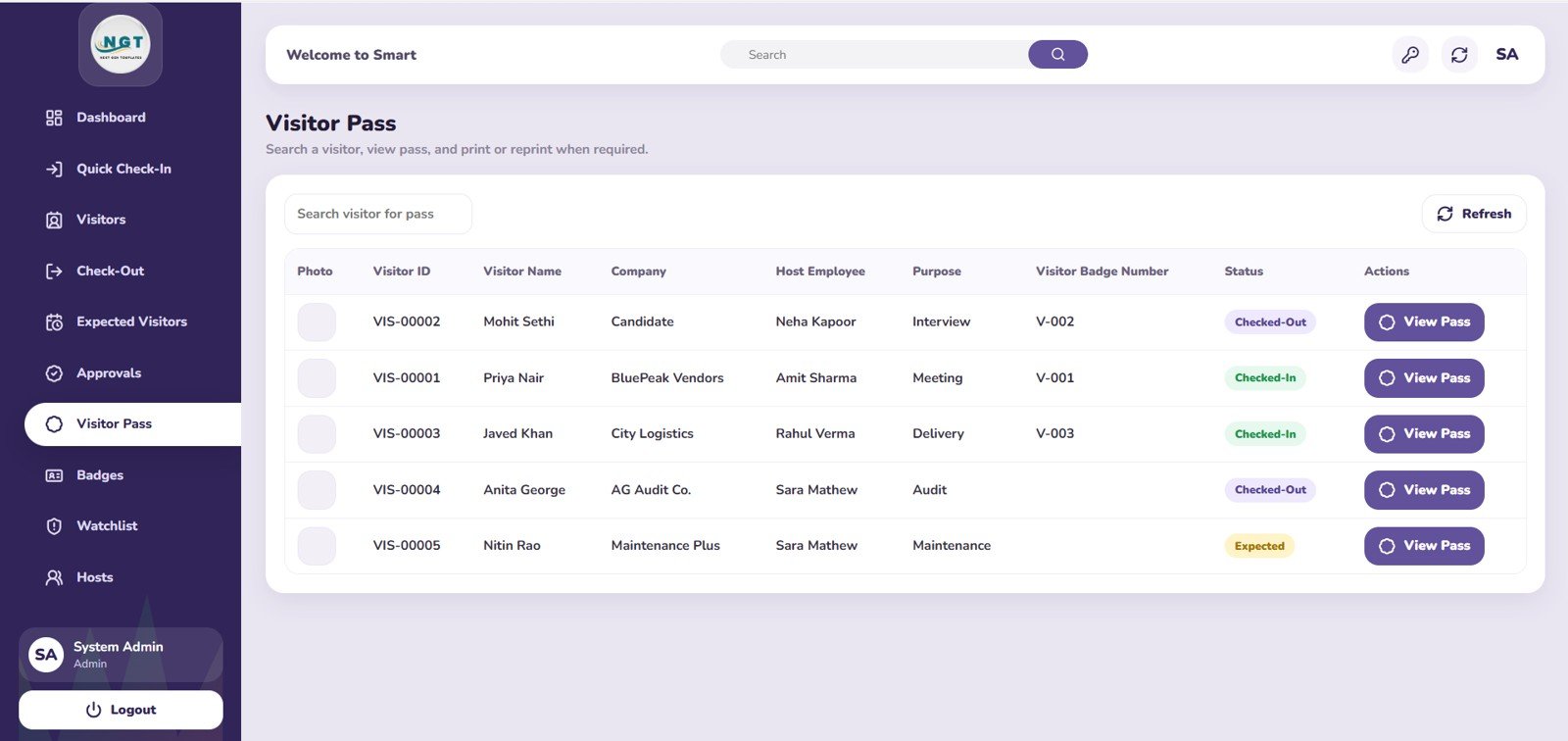 Visitor Pass page in Visitor Entry Management System Web App Template