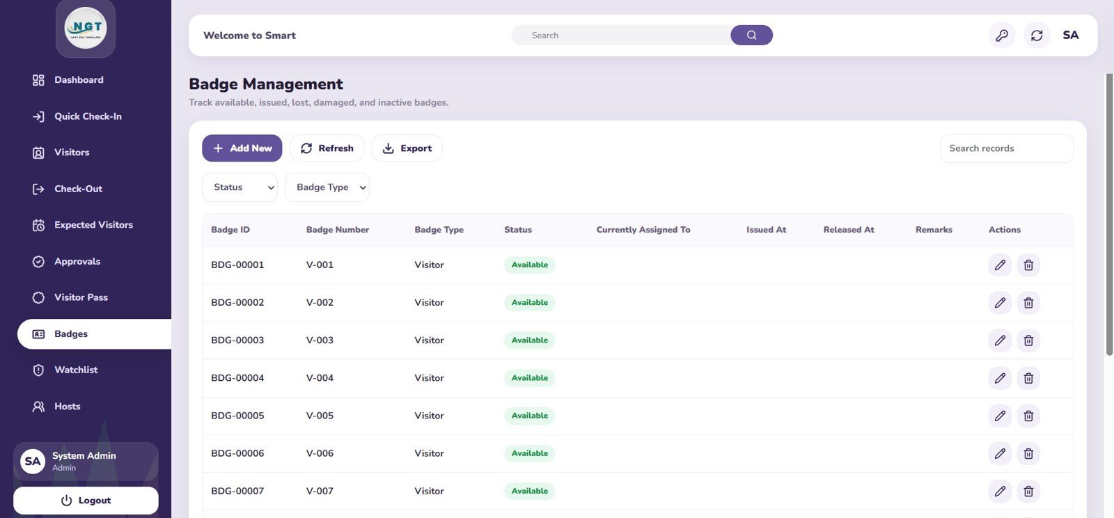 Visitor Entry Management System Badge Management page